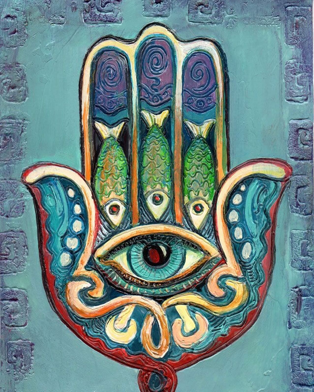 Hamsa Peinture Coloree Poissons Tradition Orientale — portfolio Hamsa Tattoo Dijon handpoke