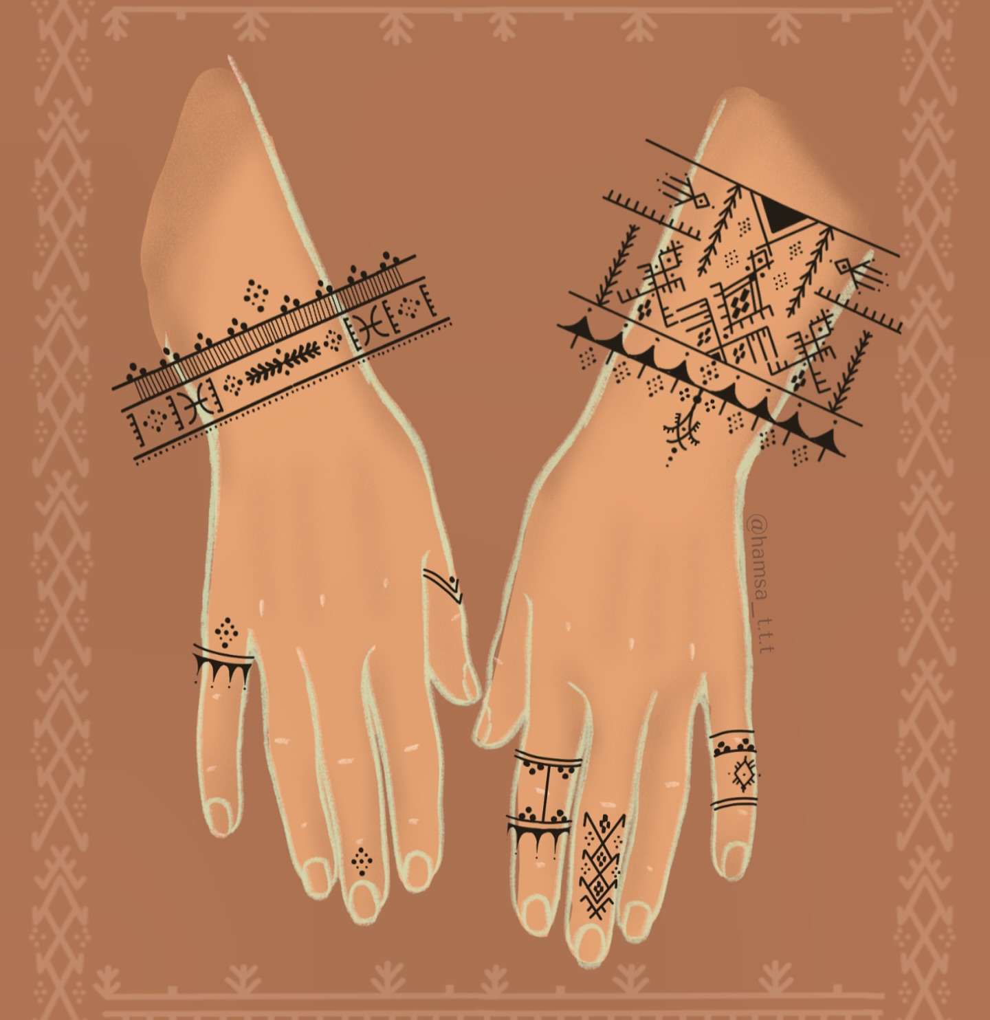 Illustration Mains Tatouages Amazighs Bracelets Doigts — portfolio Hamsa Tattoo Dijon handpoke